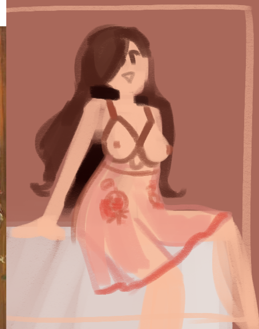 a very very rough thumbnail of Rosemary sitting with a smile