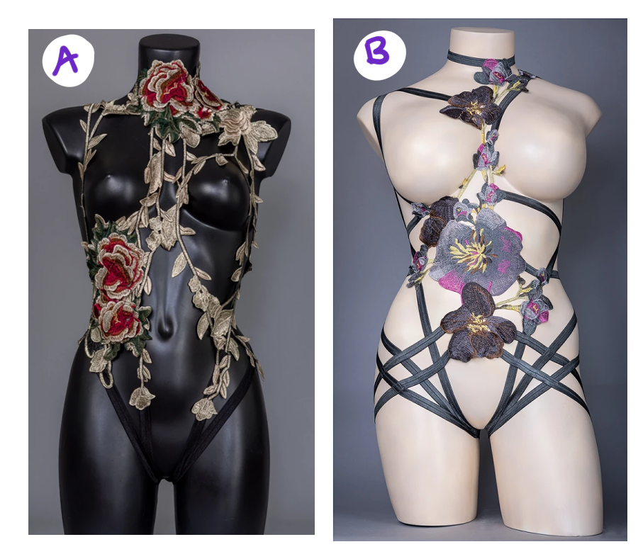 two different bodycages. one resembles draped vines with roses, the other has angled black straps and large purple flowers