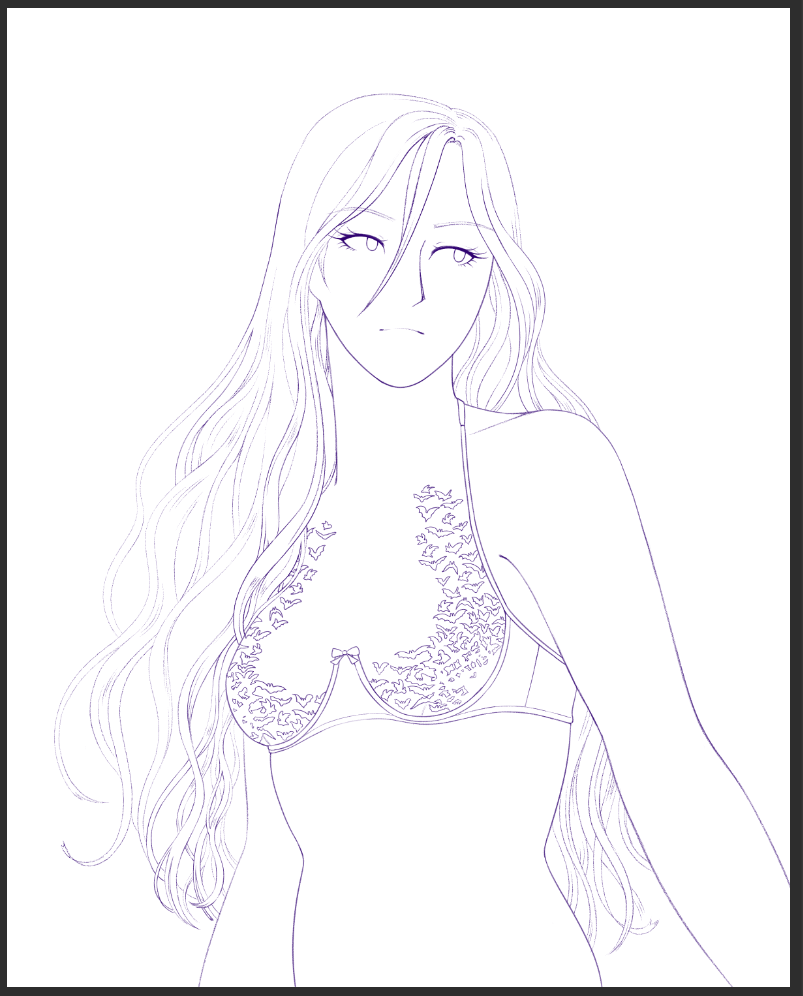 finished lineart. very thin lines, with very detailed flowing hair, and an intricate bat pattern on their lingerie