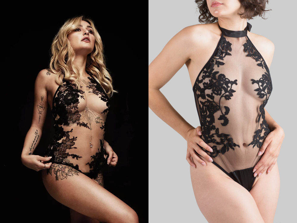 two photos featuring two bodysuits with black lace embroidery