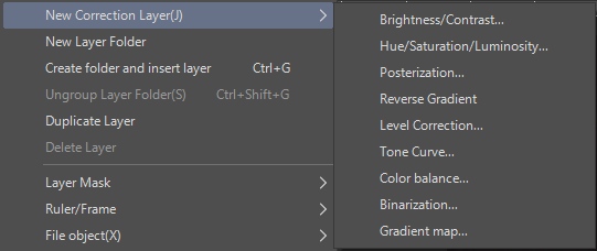 a menu from Clip Studio demonstrating the use of correction layers