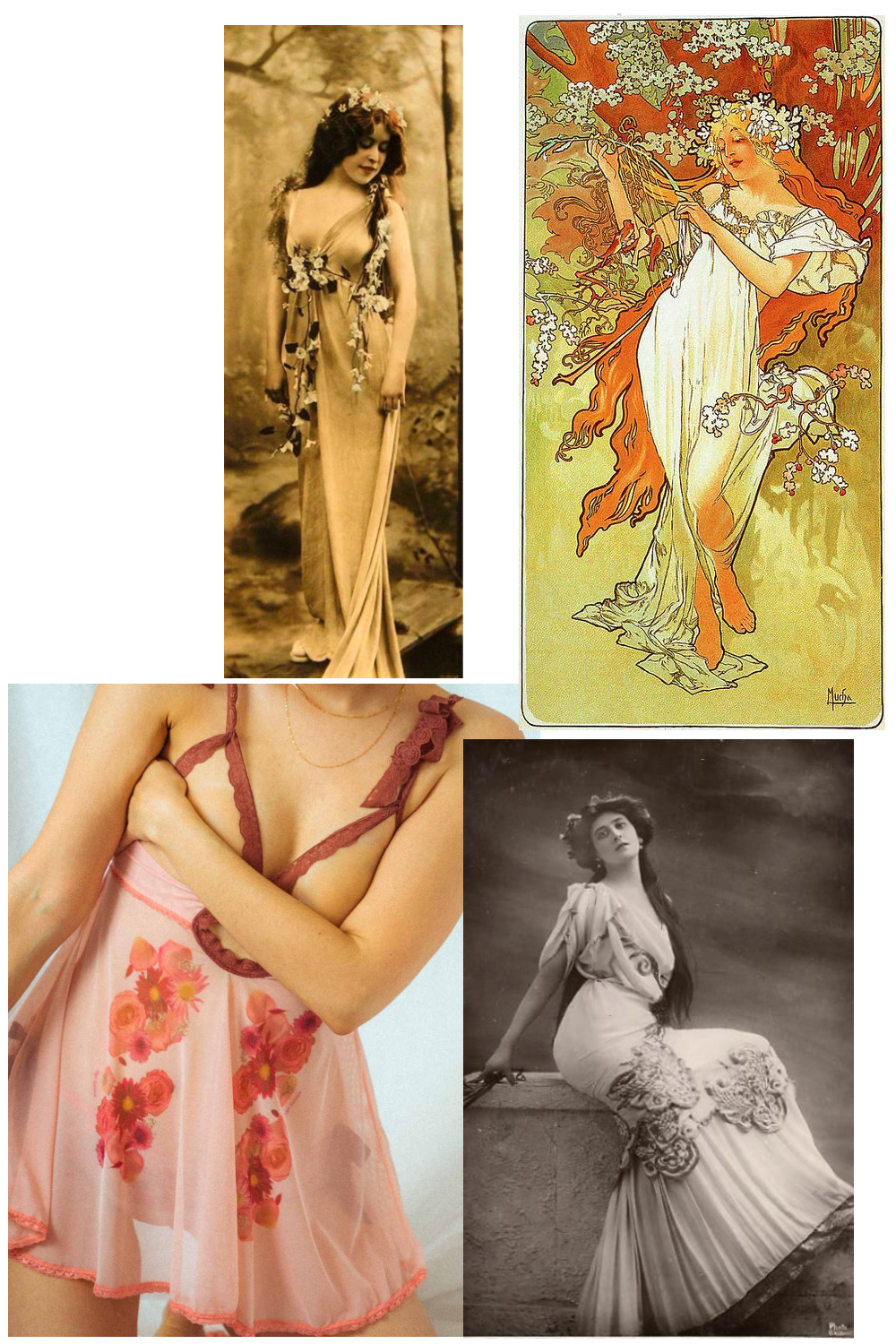 a moodboard featuring vintage early 20th century portraits, an Alphonse Mucha illustration, and a cupless pink gown with flowers on it